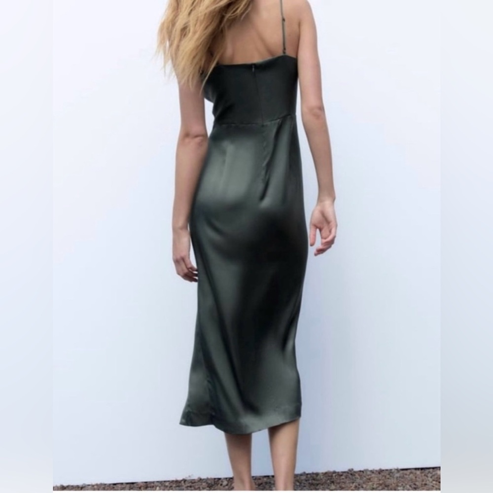 Zara Olive Green Asymmetrical Satin Slip Dress - Picture 4 of 12